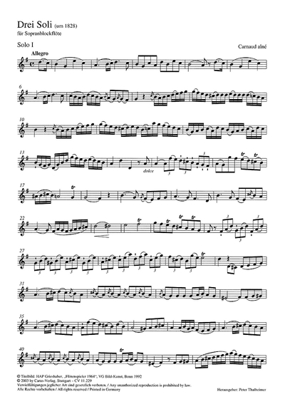 3 Soli Für Sopranblockflöte (Um 1828) (CARNAUD AINE)