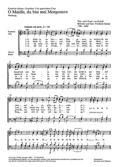 Silcher: Chorblatt 3 Für Gemischten Chor (SILCHER FRIEDRICH)