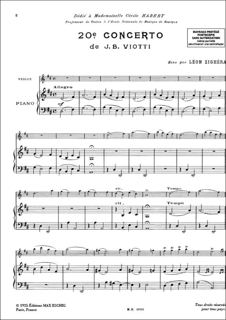 Concerto N 20 1er Solo (Zighera 16) Violon/Piano