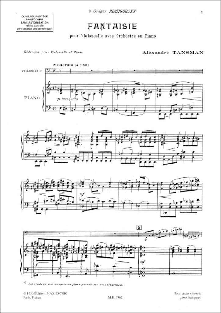 Fantaisie Vlc/Piano (TANSMAN ALEXANDRE)