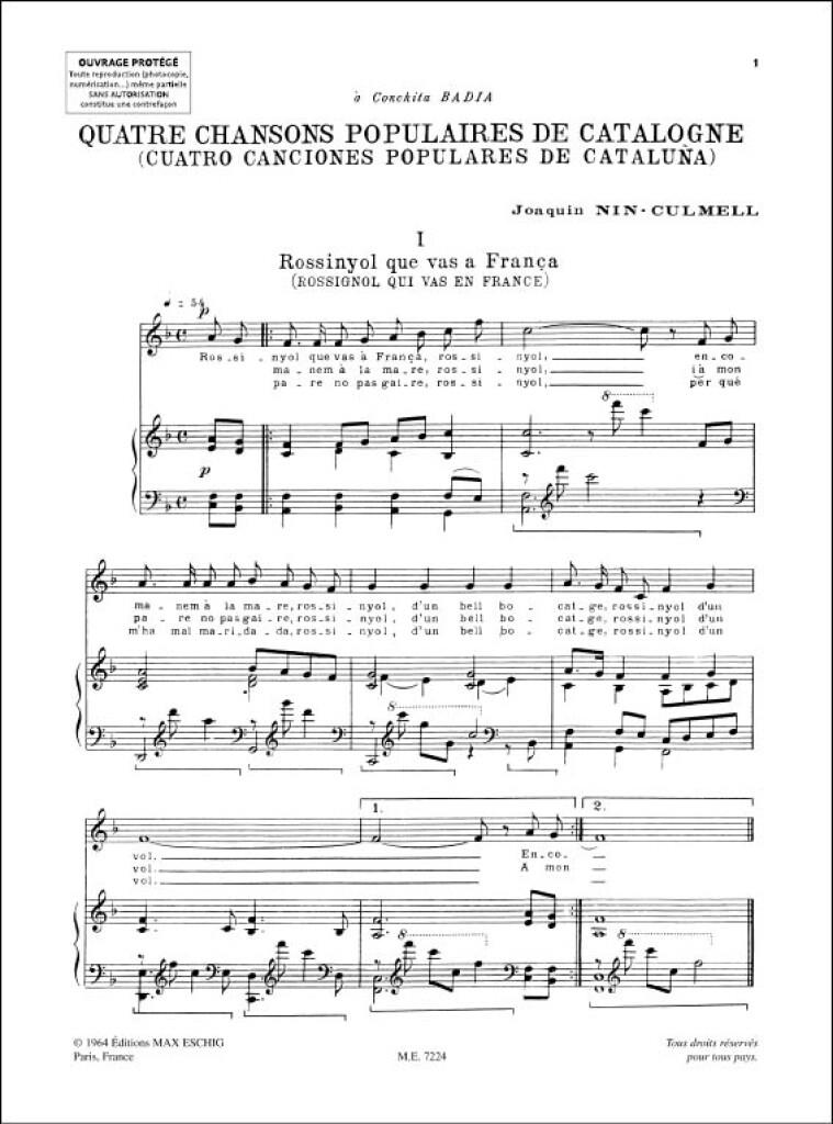 4 Chansons Populaires De Catalogne, Pour Chant Et Piano