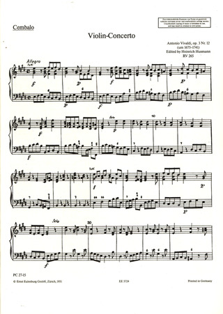 L'Estro Armonico Op. 3/12 Rv 265 / Pv 240 (VIVALDI ANTONIO)