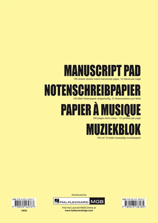 Papier A Musique 100 Pages Recto-Verso 12 Portées Par Page
