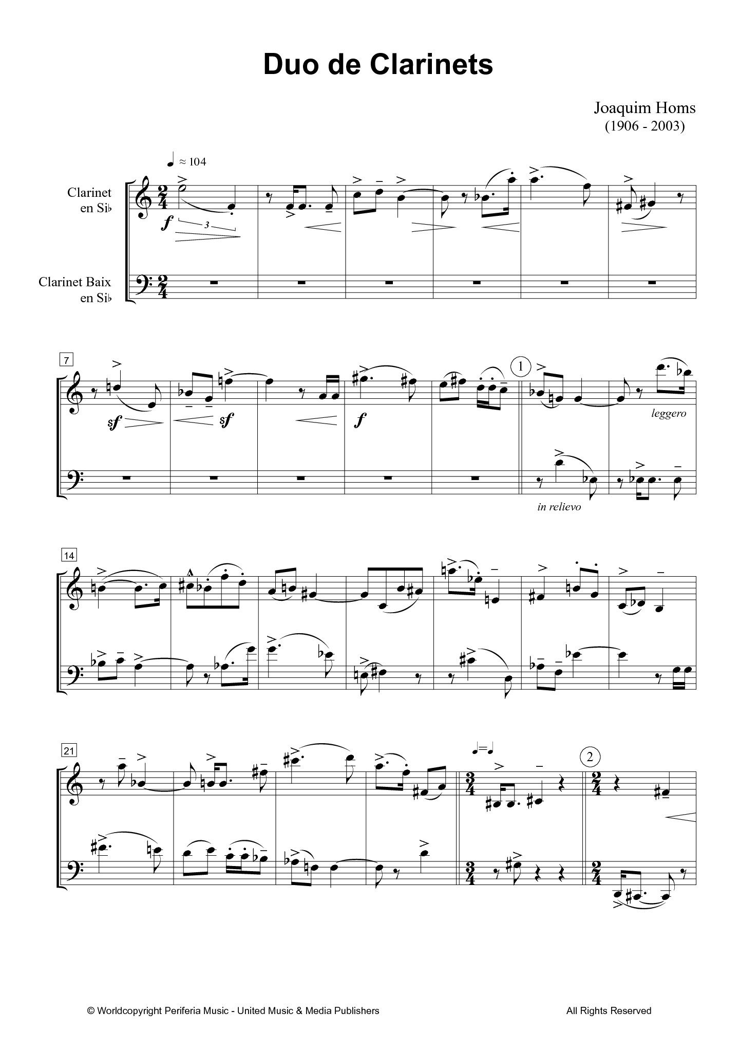 Duo de Clarinets for Clarinet and Bass Clarinet (HOMS JOAQUIM)