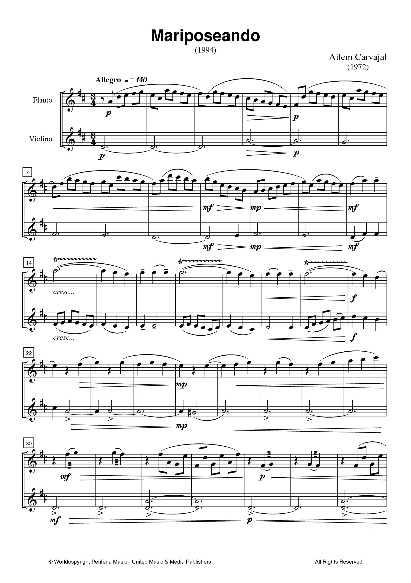 Mariposeando for Flute and Violin (CARVAJAL-GOMEZ AILEM)