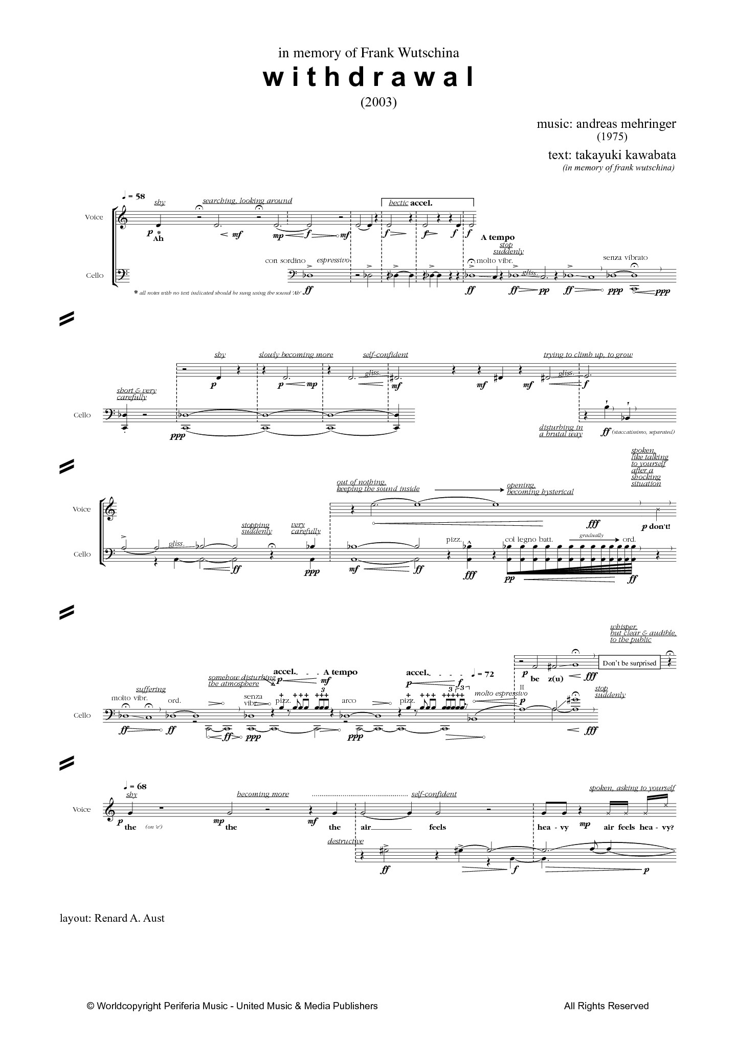 Withdrawal for Voice and Cello (MEHRINGER ANDREAS)