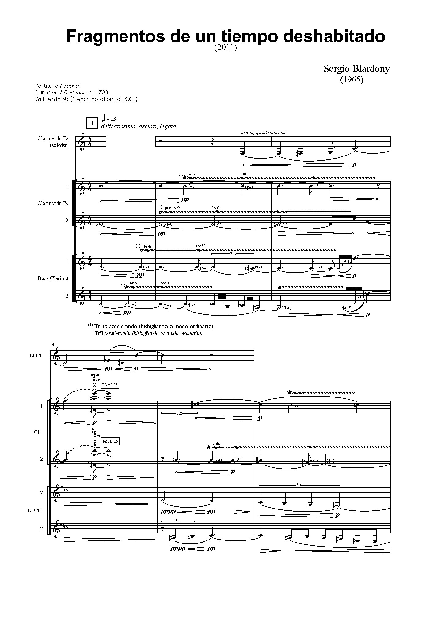Fragmentos de un tiempo deshabitado for Solo Clarinet and Clarinet Quartet (BLARDONY SERGIO)