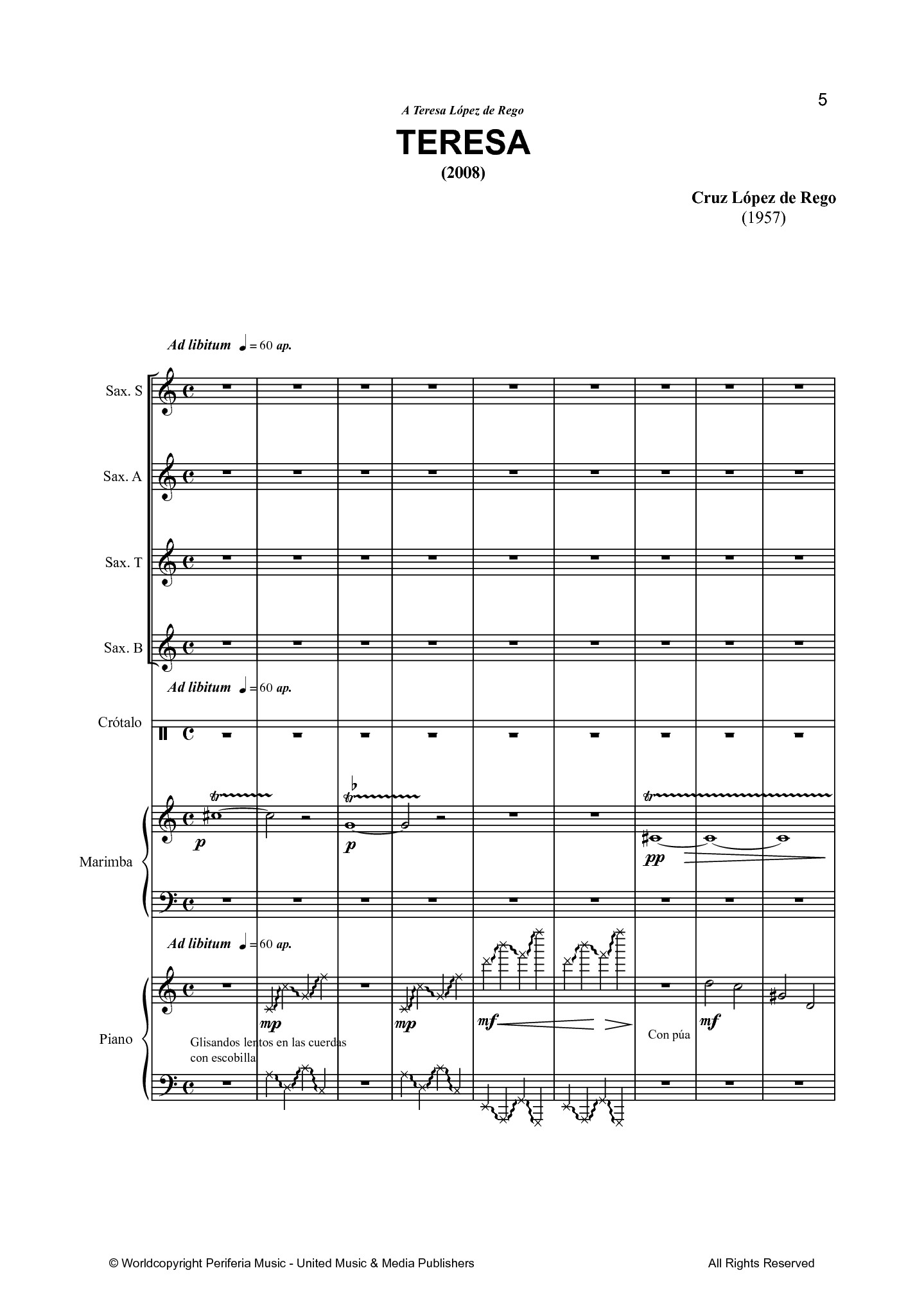 Teresa for Saxophone Quartet, Piano and Percussion (LOPEZ DE REGO CRUZ)