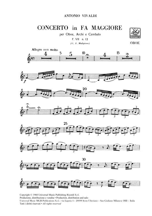 Conc. Per Oboe, Archi E B.C.: In Fa Rv 457 - F.VIi/12 (VIVALDI ANTONIO)