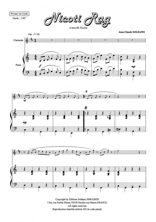 Nicoti Rag (Clarinette Et Piano) (SOLDANO JEAN-CLAUDE)