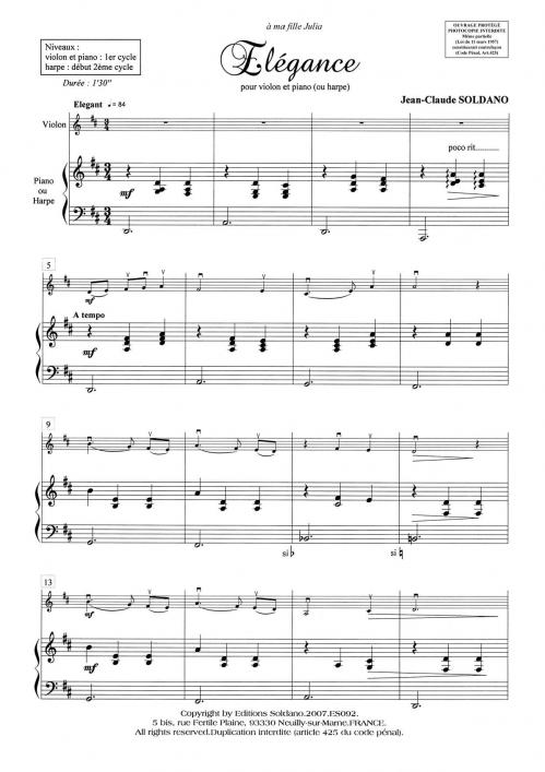 Elégance (Pour Violon Et Piano Ou Harpe)