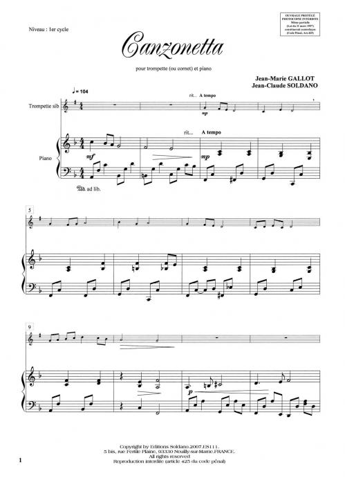 Canzonetta (Trompette -Ou Cornet- Et Piano) (GALLOT J)