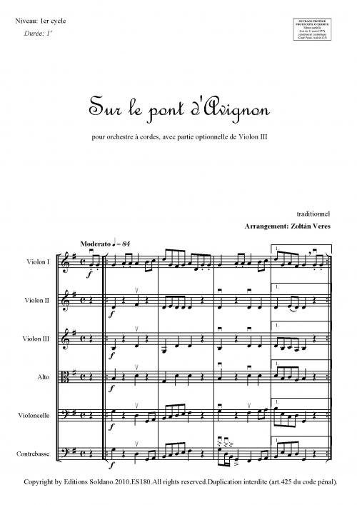 Sur Le Pont D'Avignon (Pour Orchestre A Cordes + Partie Opt. De Violon III)
