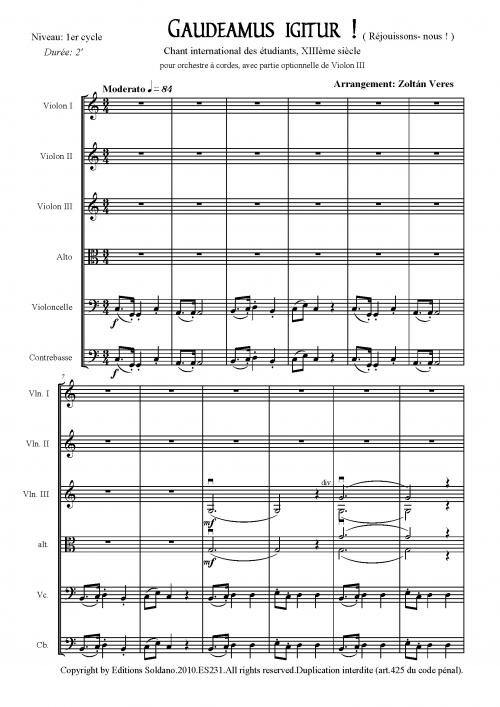 Gaudeamus Igitur (Pour Orchestre A Cordes + Partie Opt. De Violon III)
