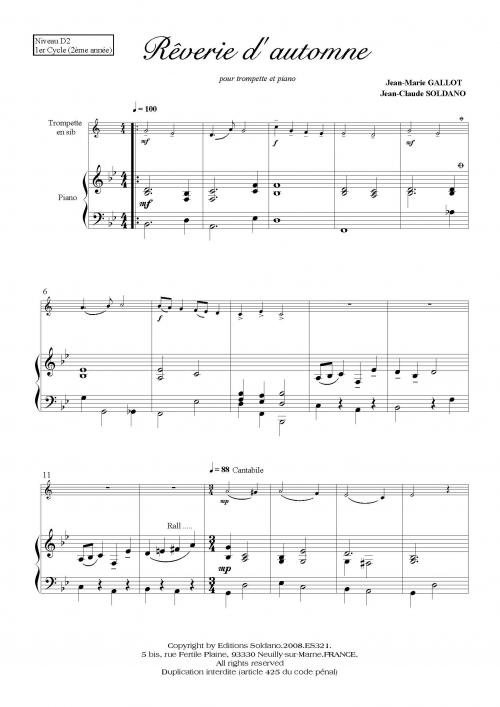 Rêverie D'Automne (Trompette -Ou Cornet- Et Piano) (GALLOT J)