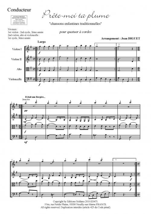 Prête-Moi Ta Plume (Violon I, Violon II, Alto, Violoncelle / 8 Chansons Enfantines Trad.)
