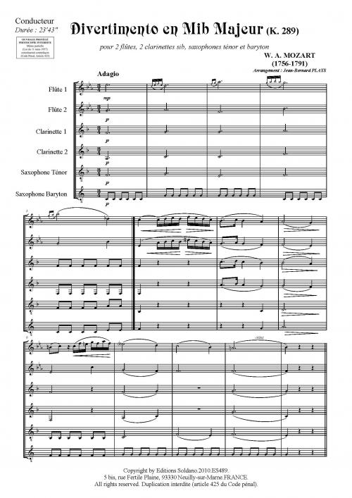 Divertimento En Mib Majeur (2 Flûtes, 2 Clarinettes, Saxophones Ténor Et Baryton)