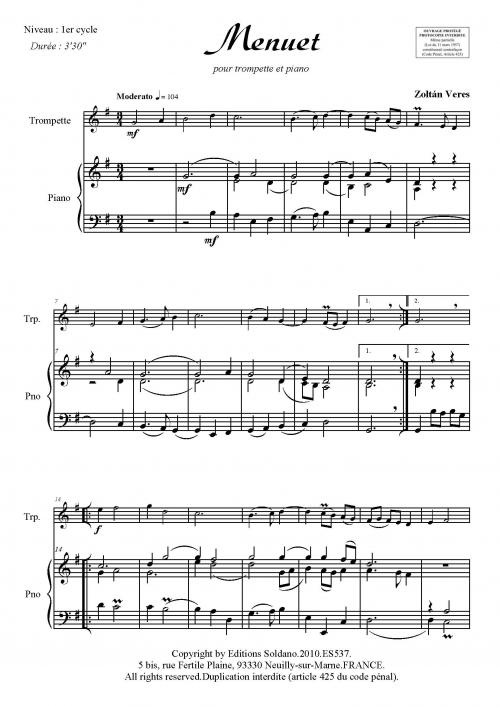 Menuet (Trompette -Ou Cornet- Et Piano) (VERES ZOLTAN)