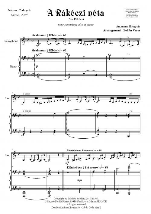 A Rákóczi Nóta (Saxophone Et Piano)