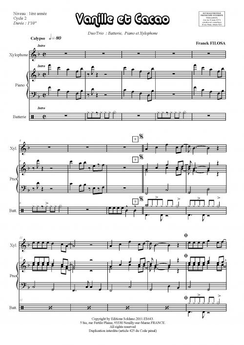 Vanille Et Cacao (Pour Batterie, Xylophone -Ou Marimba-, Piano)